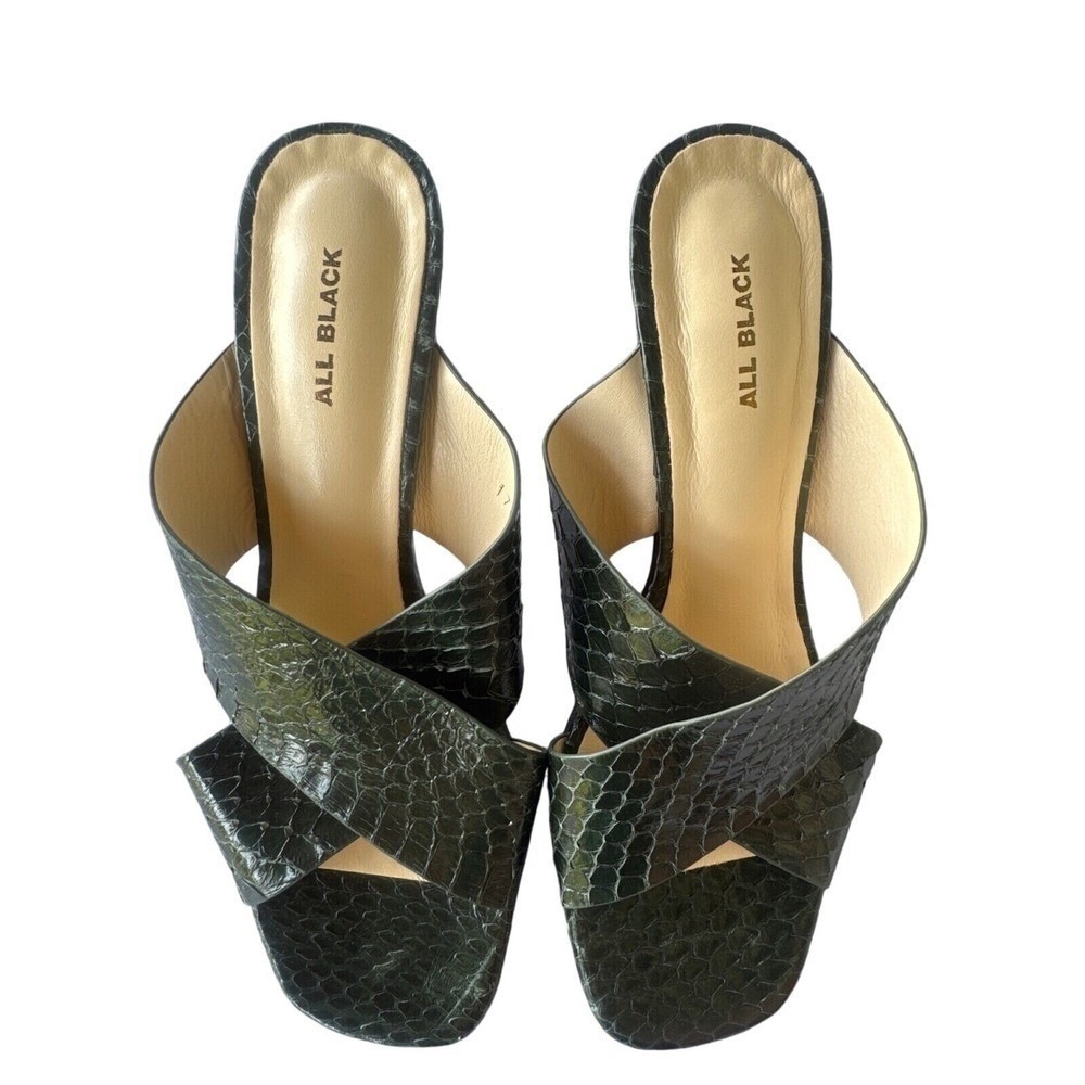 ALL BLACK Dark Green Snakeskin Embossed Leather Block Heel Mules EU 38 US 8